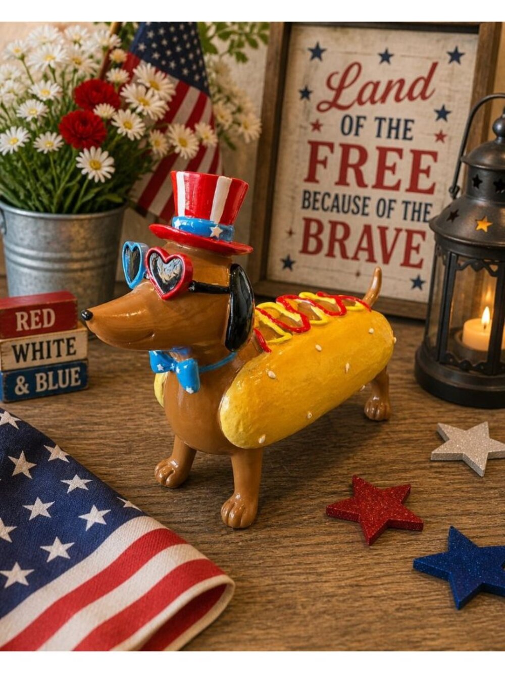 New Red Blue 4th of July Memorial Day Patriotic Hot Dog Dauchound Figurine